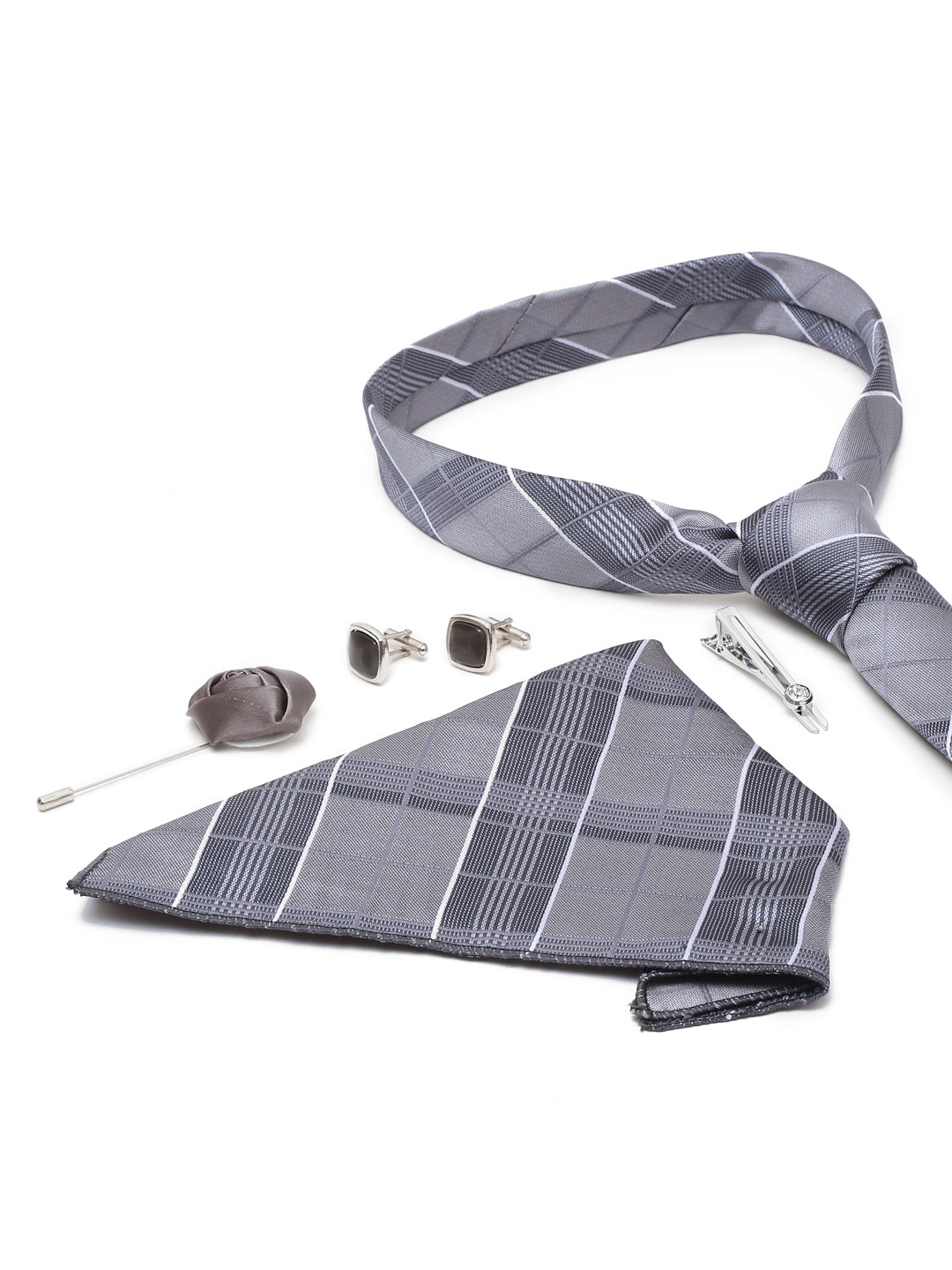 Checkered Grey Italian Silk Necktie Set Pocket Square Chrome Tiepin cufflinks and Brooch