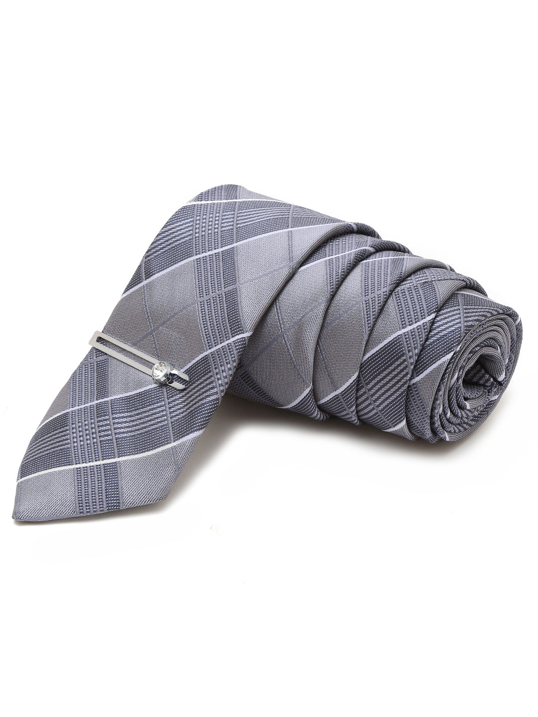 Checkered Grey Italian Silk Necktie Set Pocket Square Chrome Tiepin cufflinks and Brooch