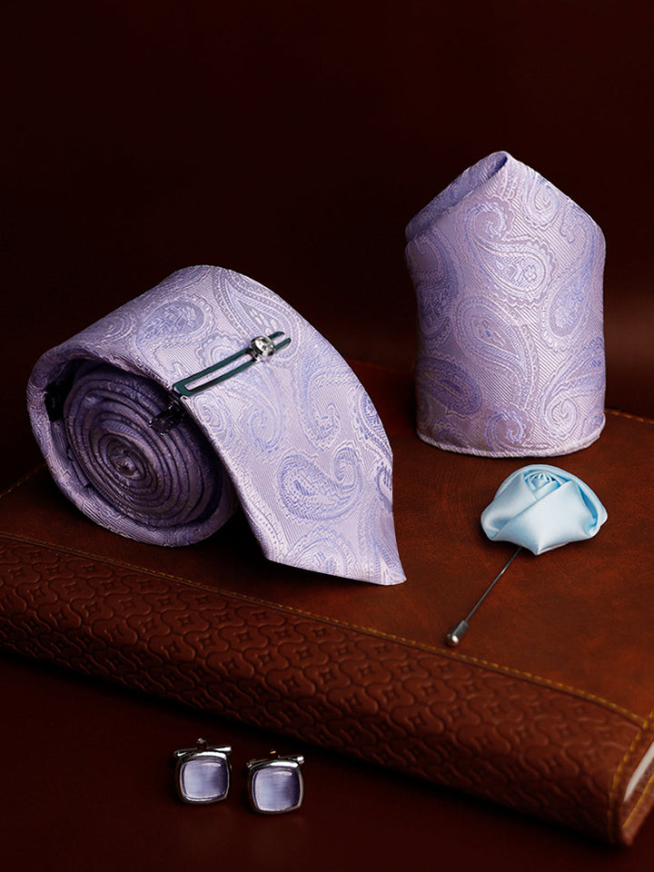 Blue Grey Luxury Italian Silk Necktie Set Pocket Square Chrome Tiepin Cufflinks and Brooch