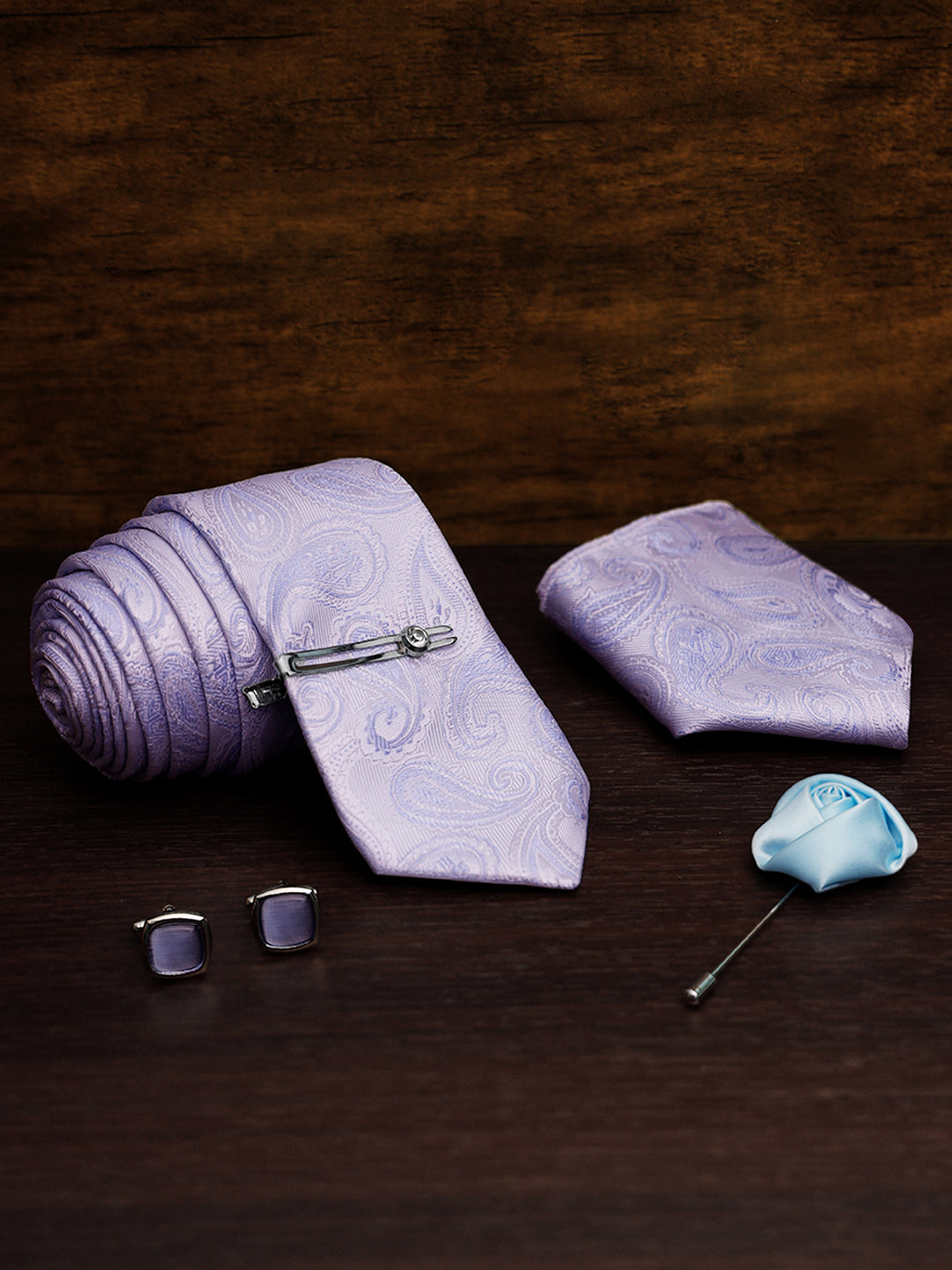 Blue Grey Luxury Italian Silk Necktie Set Pocket Square Chrome Tiepin Cufflinks and Brooch