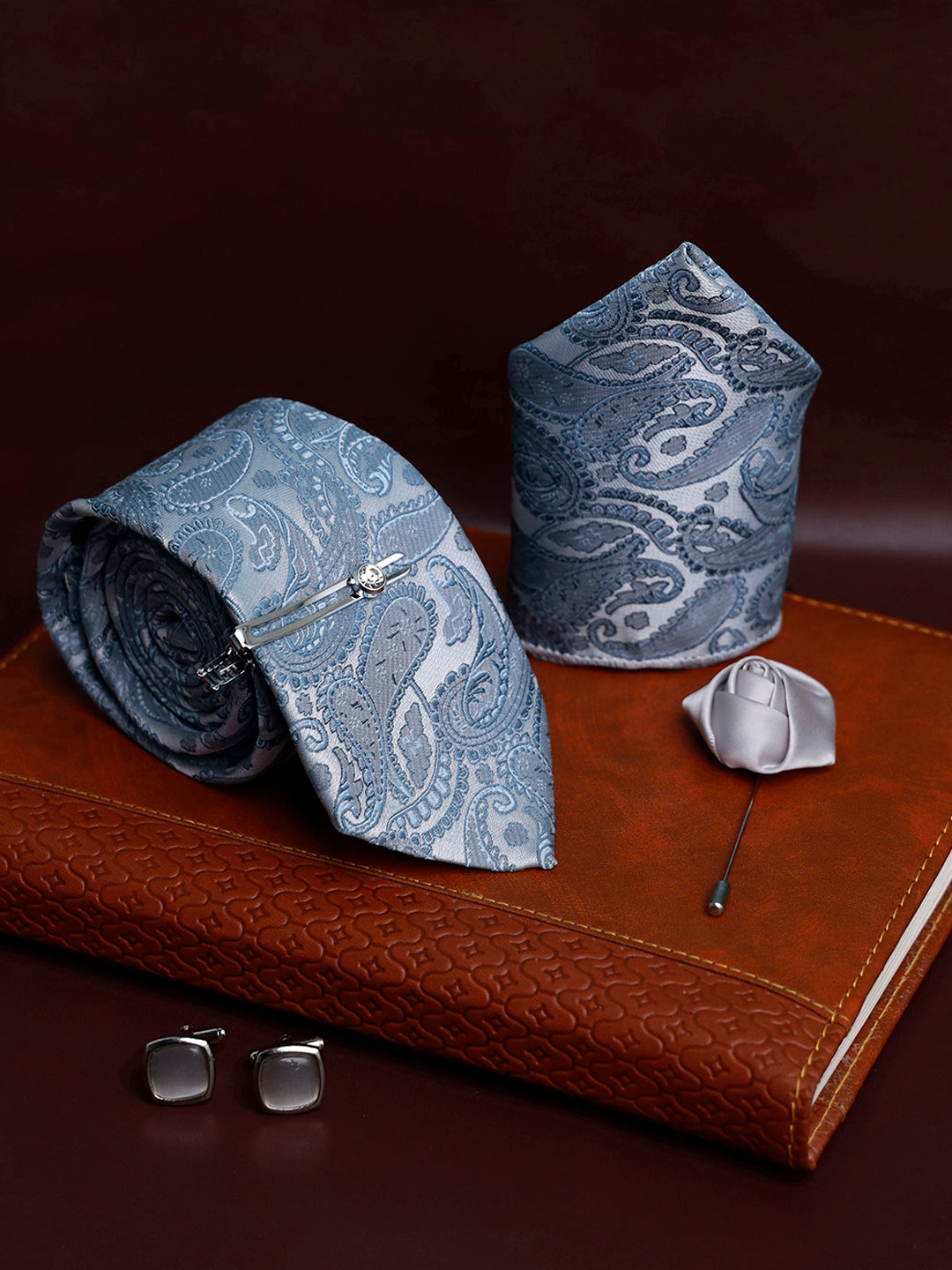 Cadet Grey Luxury Italian Silk Necktie Set Pocket Square Chrome Tiepin Cufflinks and Brooch