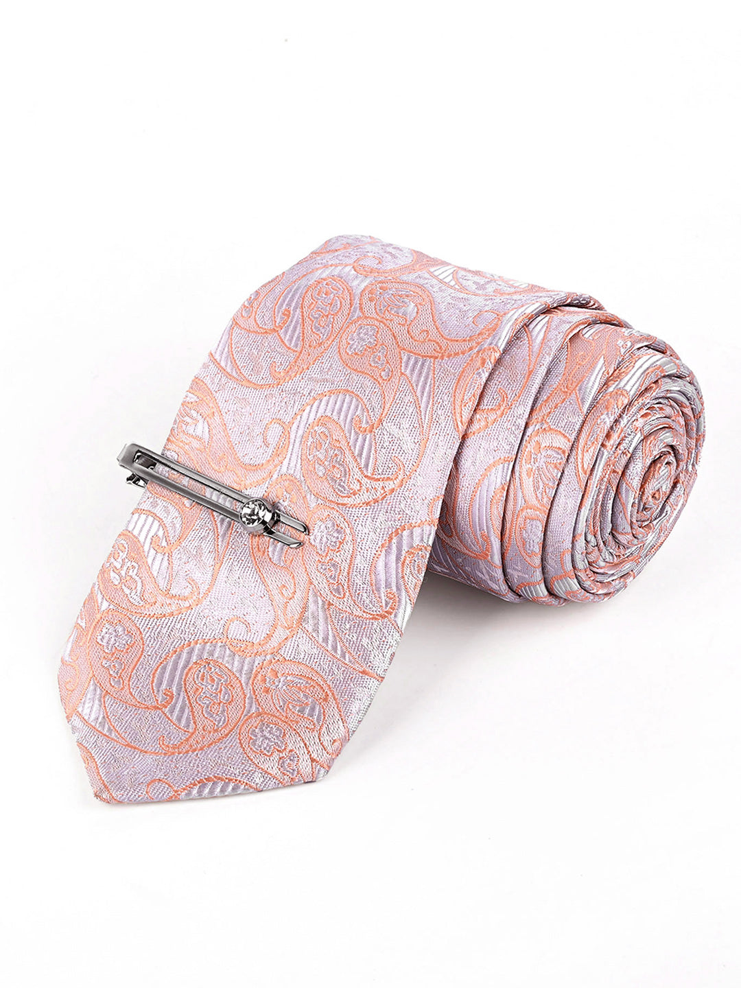 Pastel Peach Luxury Italian Silk Necktie Set Pocket Square Chrome Tiepin Cufflinks and Brooch