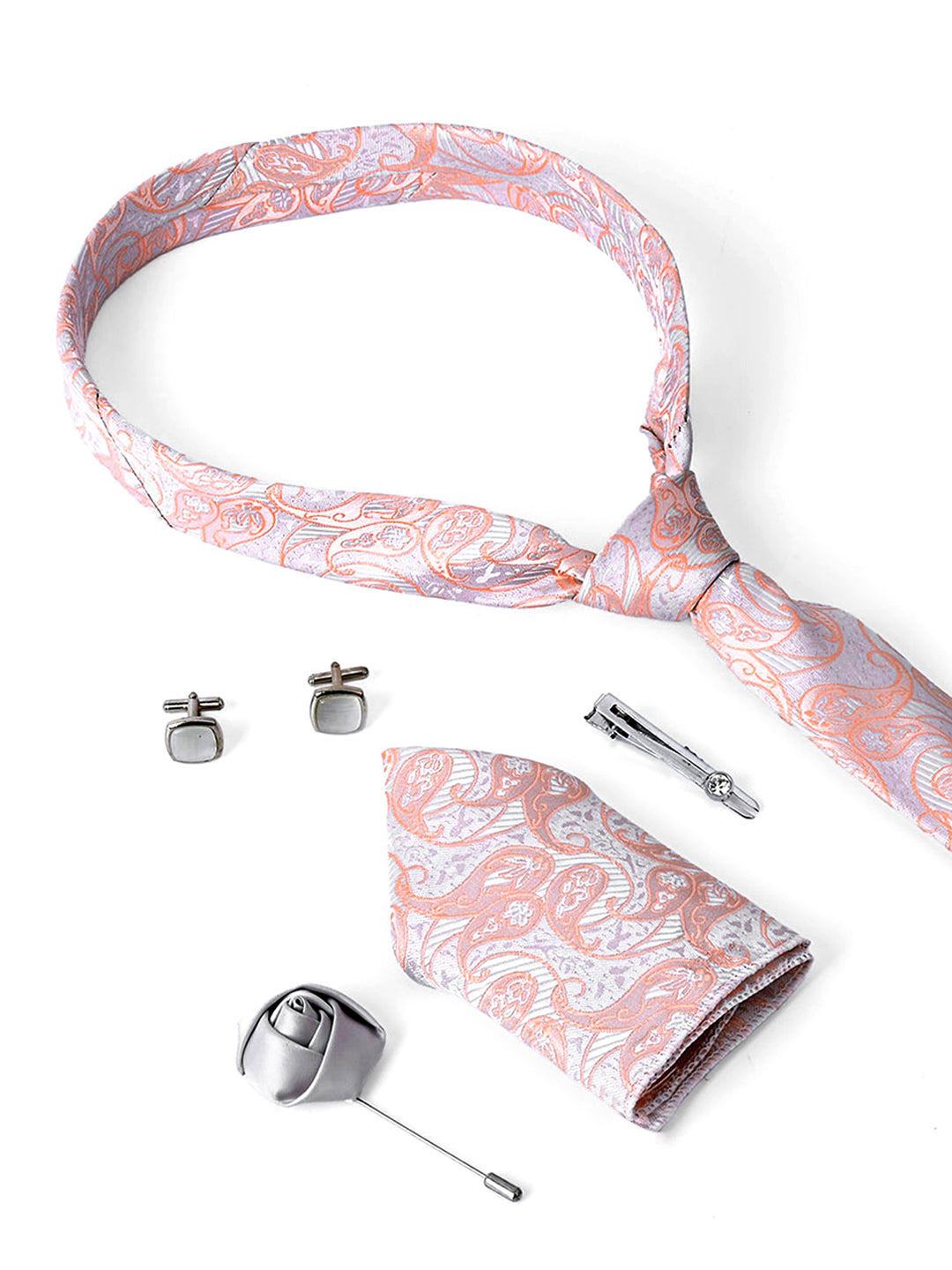 Pastel Peach Luxury Italian Silk Necktie Set Pocket Square Chrome Tiepin Cufflinks and Brooch