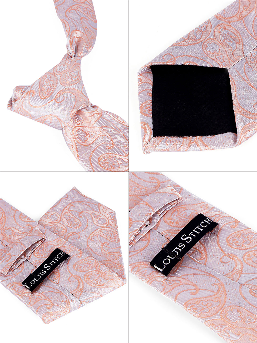 Pastel Peach Luxury Italian Silk Necktie Set Pocket Square Chrome Tiepin Cufflinks and Brooch