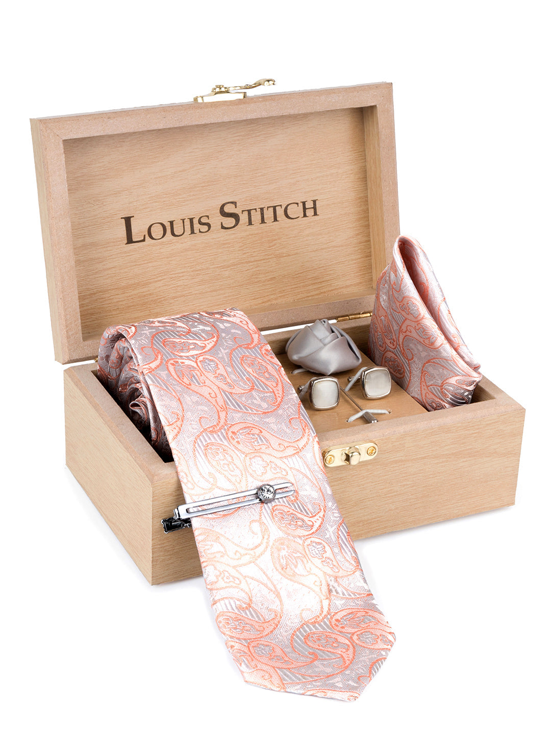 Pastel Peach Luxury Italian Silk Necktie Set Pocket Square Chrome Tiepin Cufflinks and Brooch