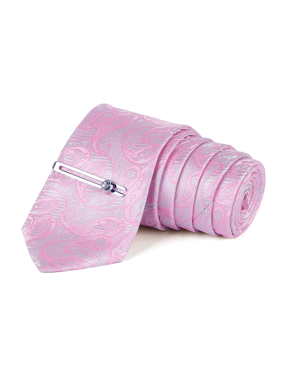 Pastel Pink Luxury Italian Silk Necktie Set Pocket Square Chrome Tiepin Cufflinks and Brooch