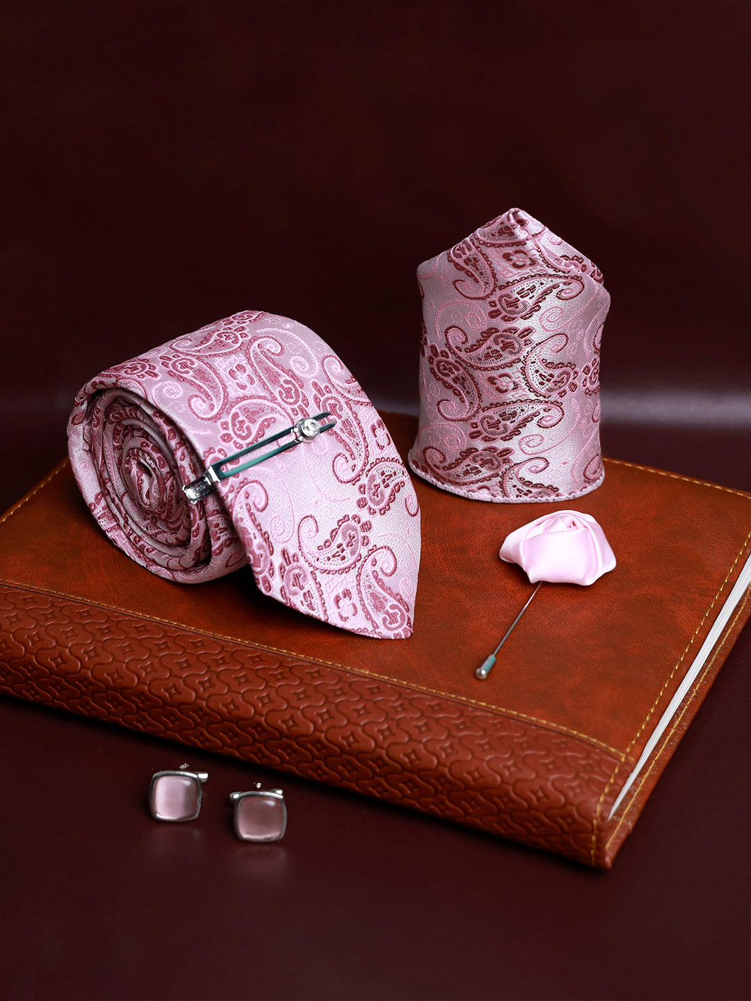 Pink Luxury Italian Silk Necktie Set Pocket Square Chrome Tiepin Cufflinks and Brooch