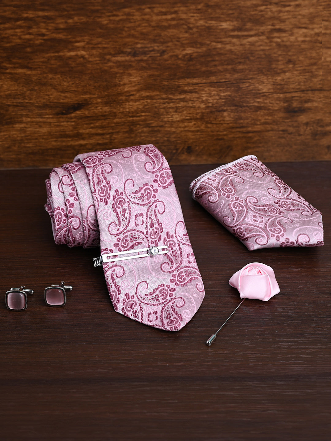 Pink Luxury Italian Silk Necktie Set Pocket Square Chrome Tiepin Cufflinks and Brooch