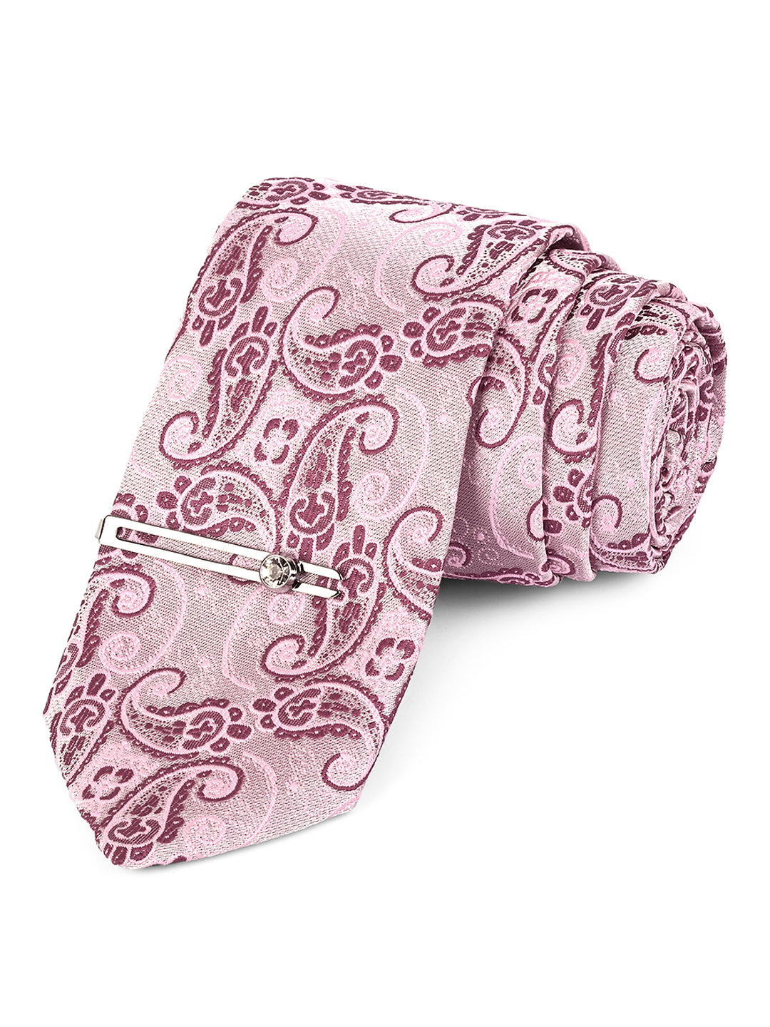 Pink Luxury Italian Silk Necktie Set Pocket Square Chrome Tiepin Cufflinks and Brooch