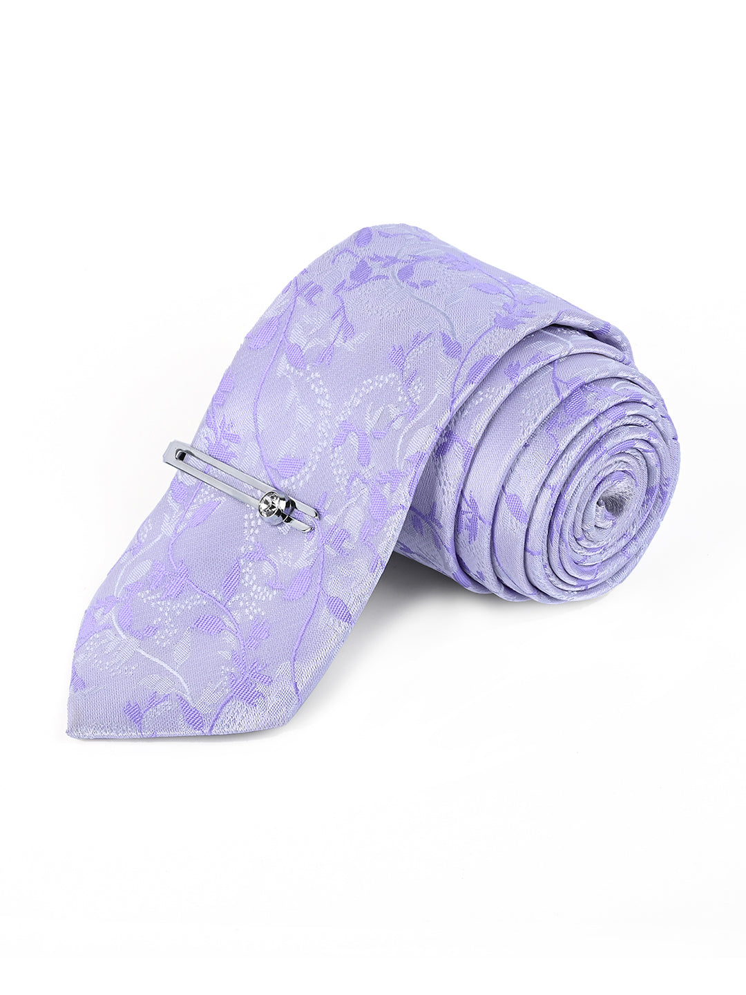 Pastel Purple Luxury Italian Silk Necktie Set Pocket Square Chrome Tiepin Cufflinks and Brooch