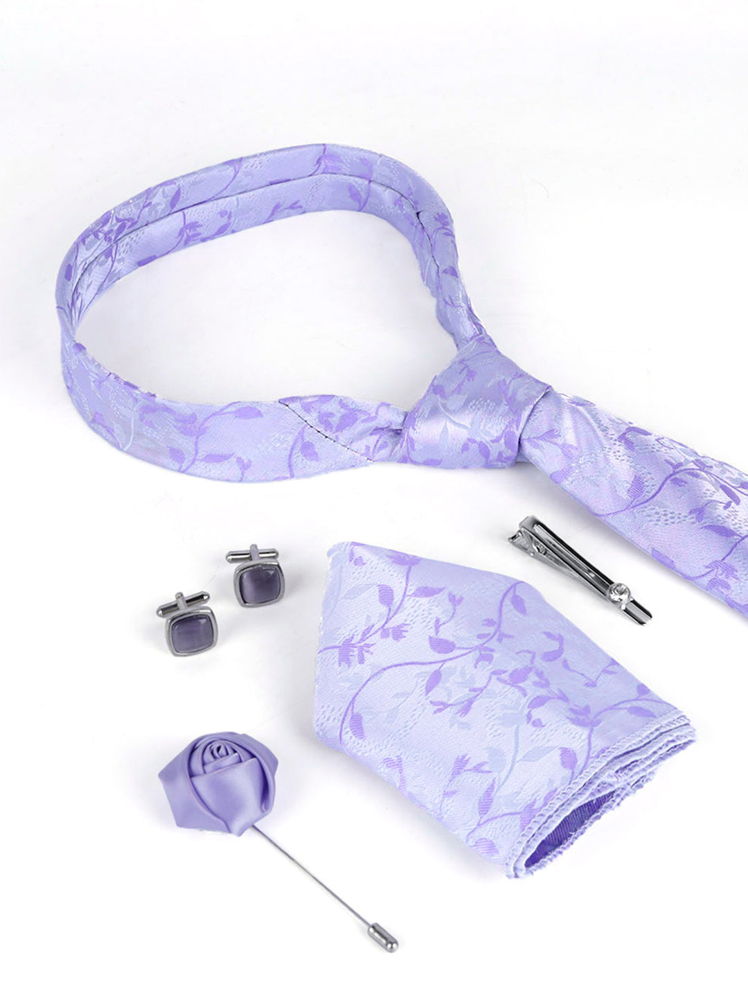 Pastel Purple Luxury Italian Silk Necktie Set Pocket Square Chrome Tiepin Cufflinks and Brooch