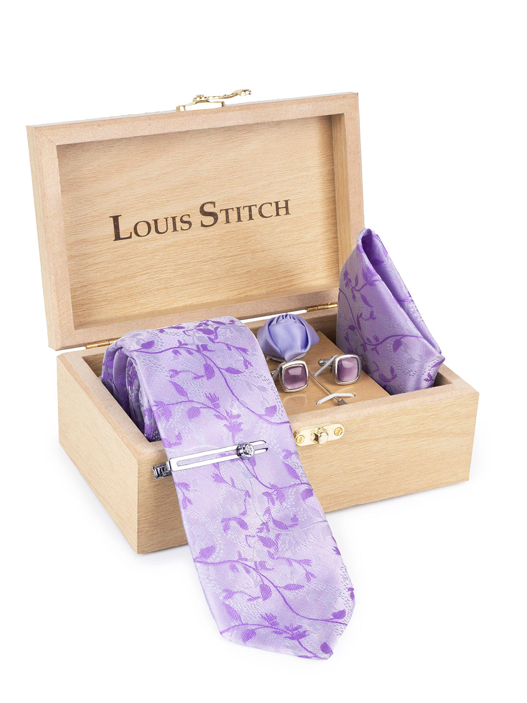 Pastel Purple Luxury Italian Silk Necktie Set Pocket Square Chrome Tiepin Cufflinks and Brooch