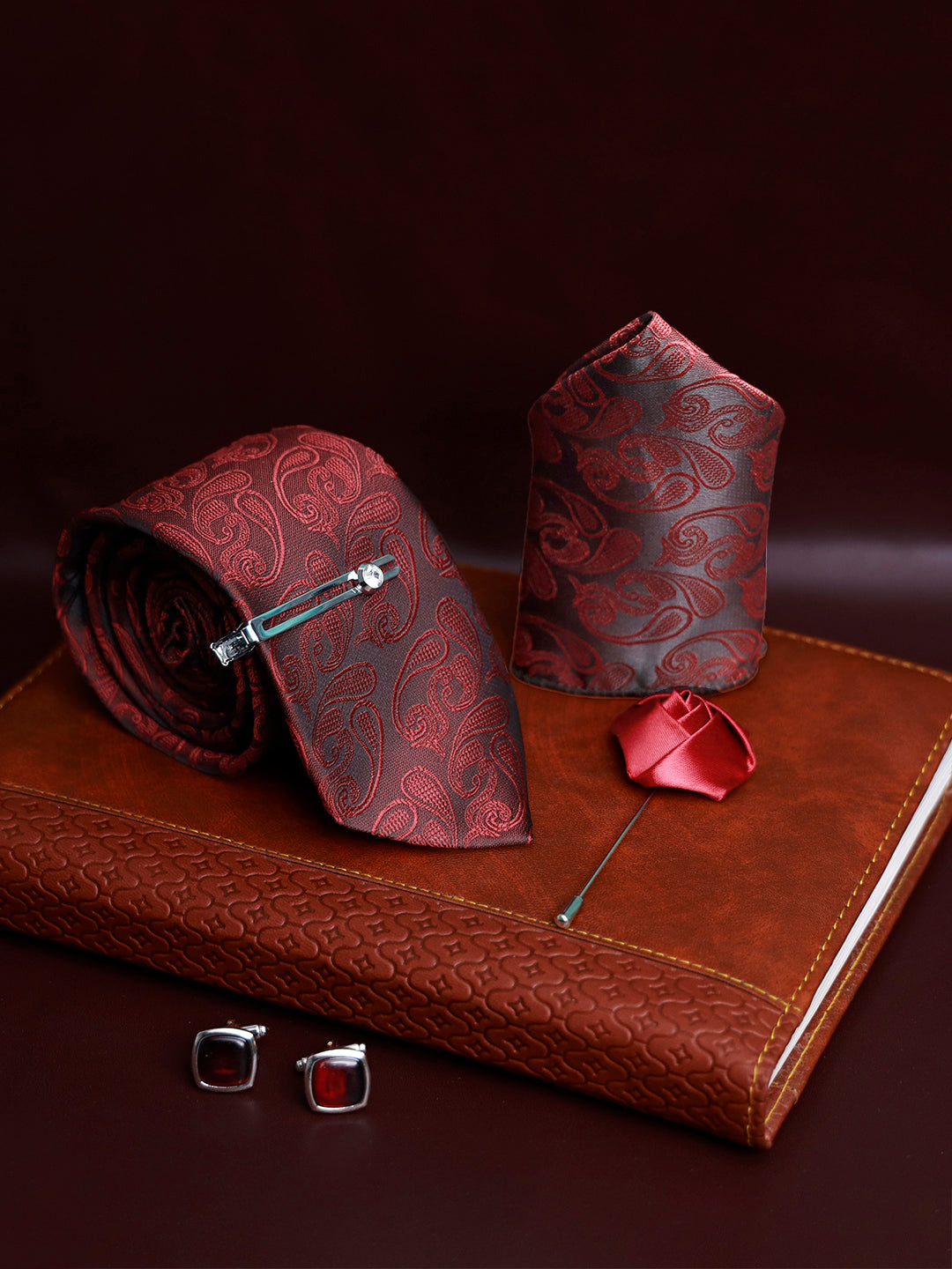 Burgundy Luxury Italian Silk Necktie Set Pocket Square Chrome Tiepin Cufflinks and Brooch