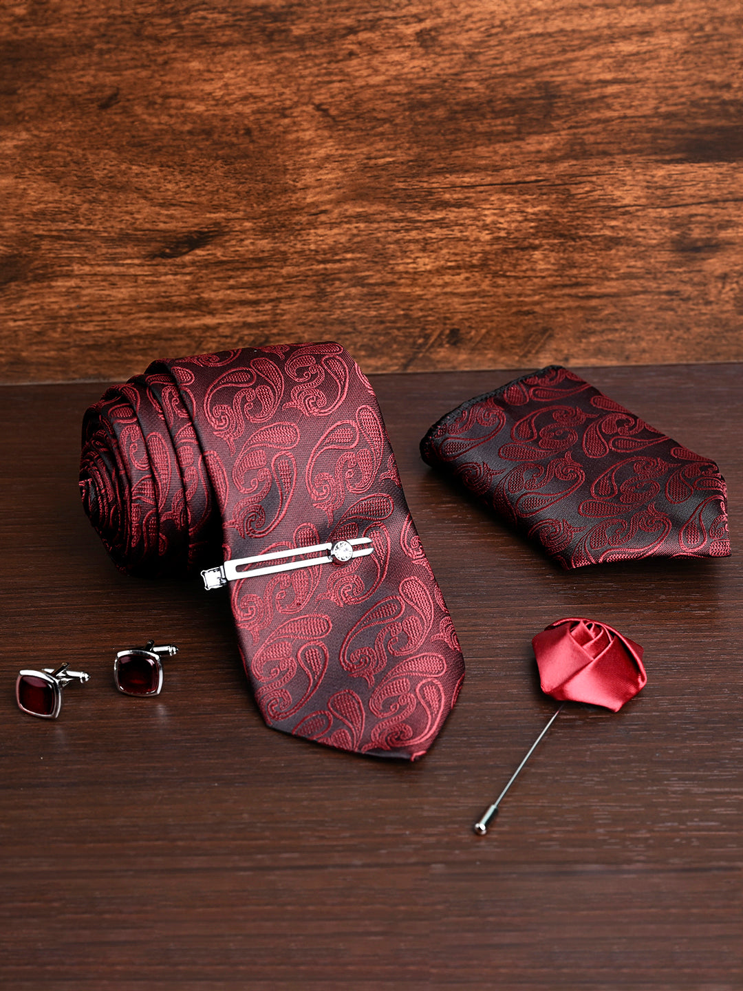 Burgundy Luxury Italian Silk Necktie Set Pocket Square Chrome Tiepin Cufflinks and Brooch