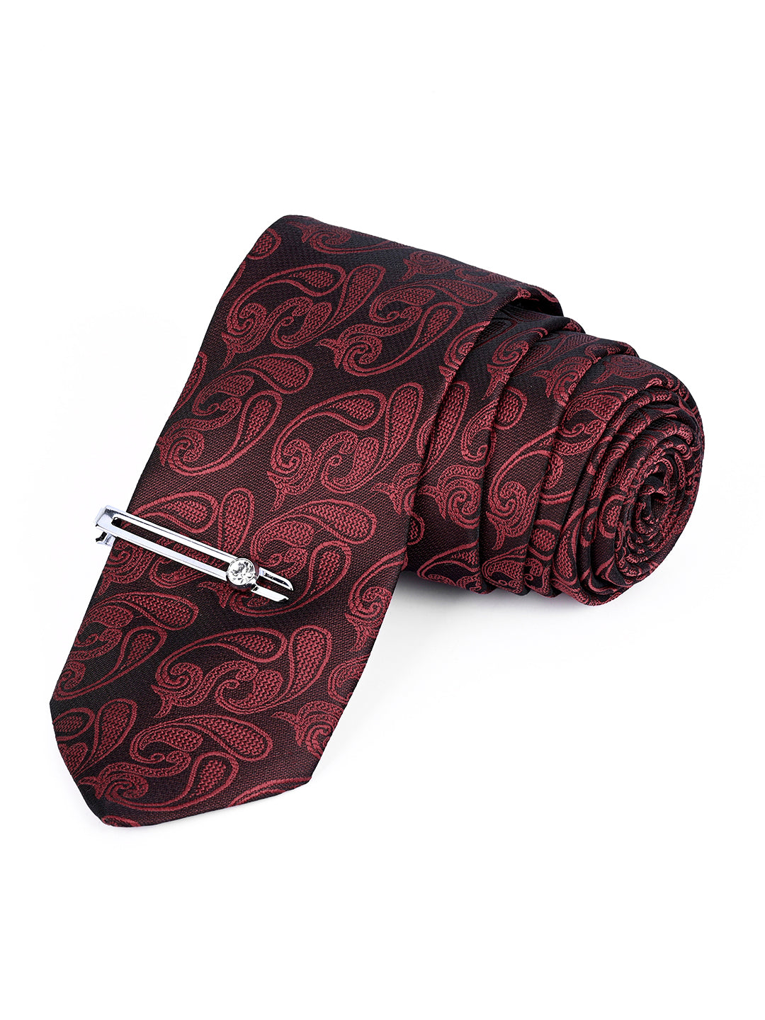 Burgundy Luxury Italian Silk Necktie Set Pocket Square Chrome Tiepin Cufflinks and Brooch