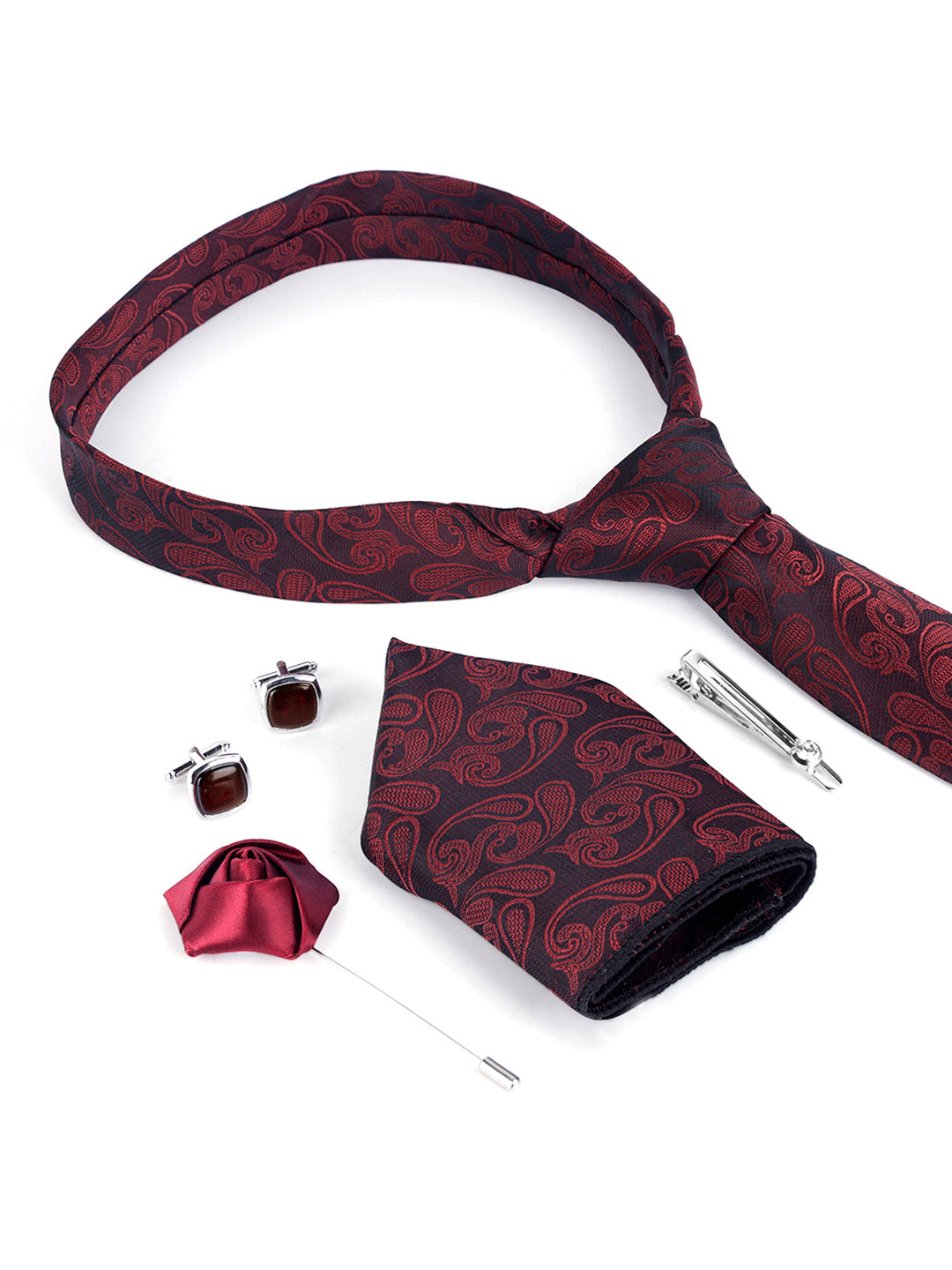 Burgundy Luxury Italian Silk Necktie Set Pocket Square Chrome Tiepin Cufflinks and Brooch