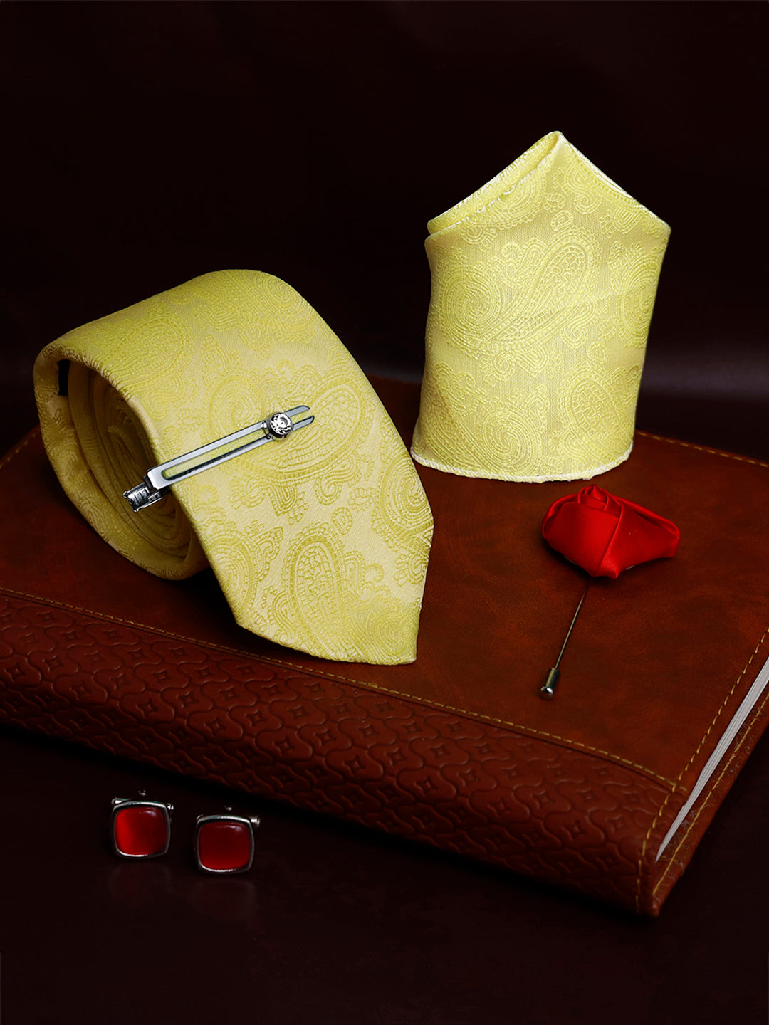 Bright Yellow Luxury Italian Silk Necktie Set Pocket Square Chrome Tiepin Cufflinks and Brooch