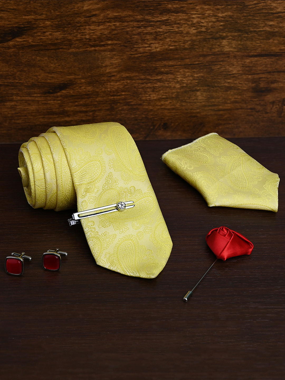 Bright Yellow Luxury Italian Silk Necktie Set Pocket Square Chrome Tiepin Cufflinks and Brooch