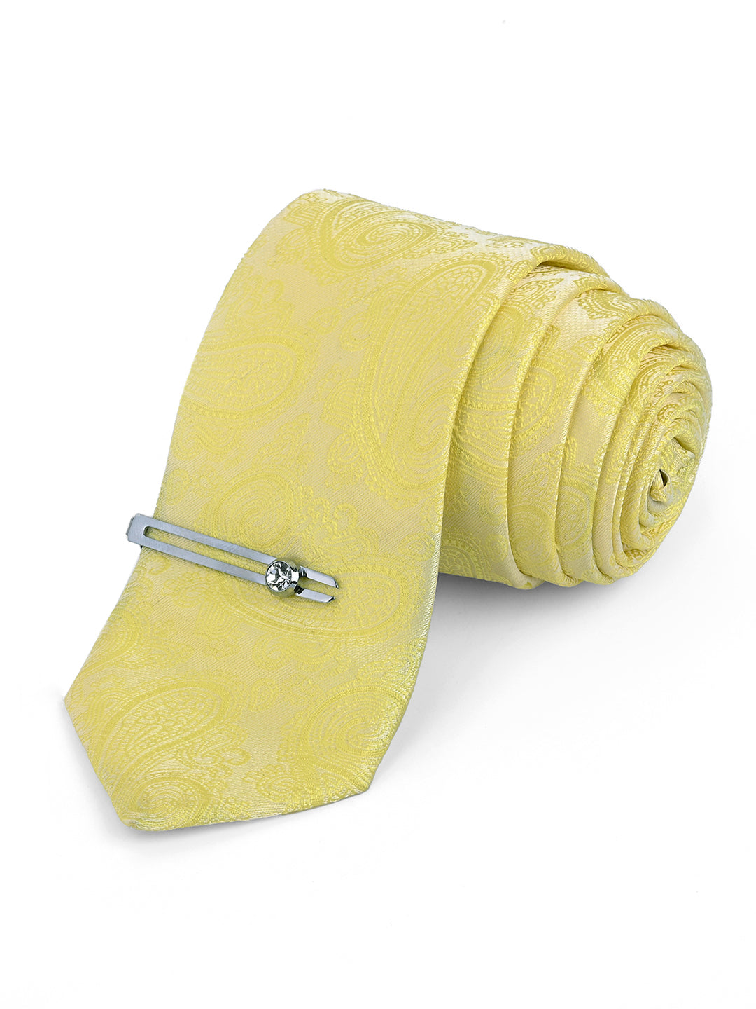 Bright Yellow Luxury Italian Silk Necktie Set Pocket Square Chrome Tiepin Cufflinks and Brooch