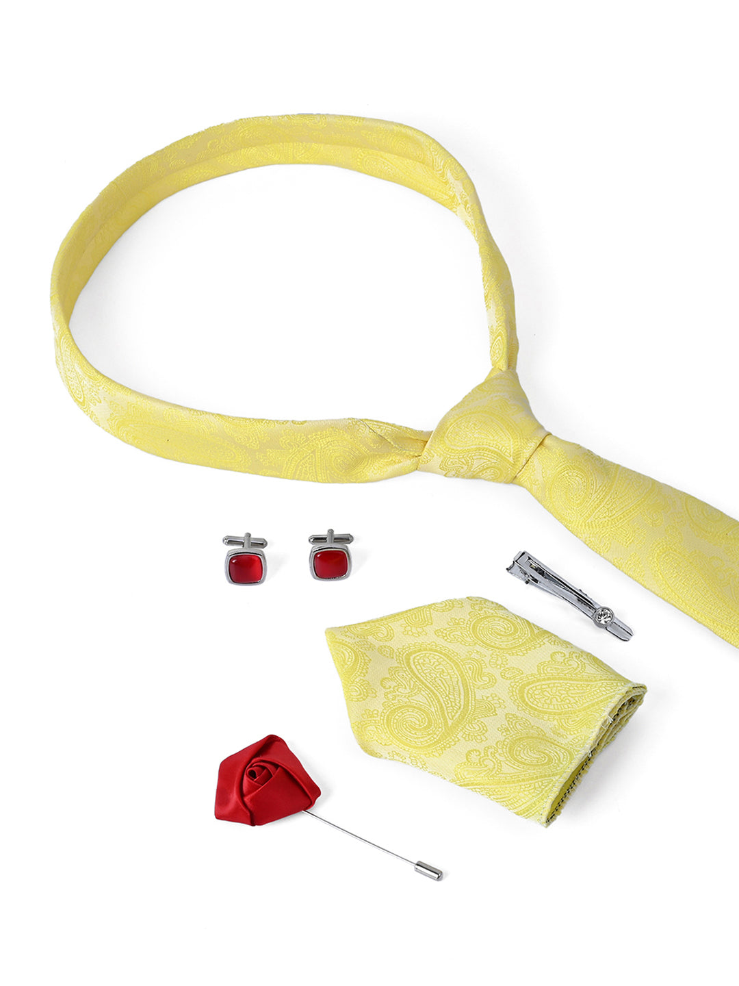 Bright Yellow Luxury Italian Silk Necktie Set Pocket Square Chrome Tiepin Cufflinks and Brooch