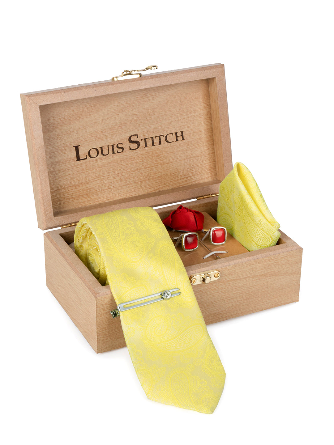 Bright Yellow Luxury Italian Silk Necktie Set Pocket Square Chrome Tiepin Cufflinks and Brooch