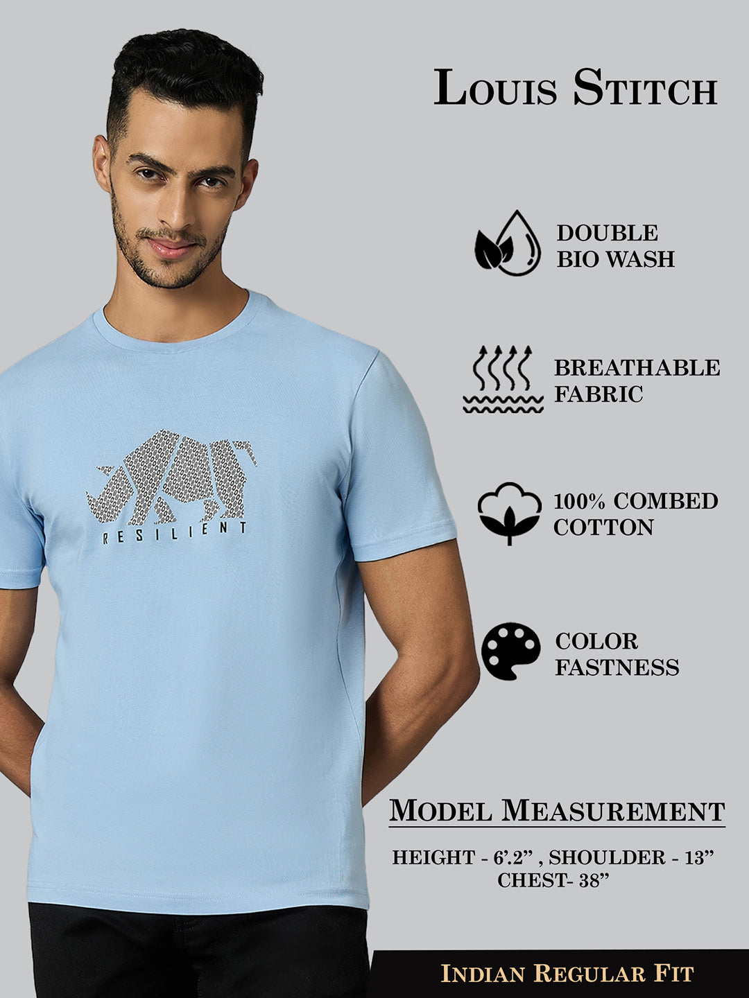 Men's Super Combed Cotton Light Blue Regular Fit Half Sleeve Round Neck T-Shirt