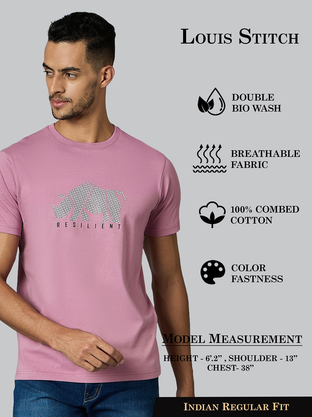 Men's Super Combed Cotton Mauve Pink Regular Fit Half Sleeve Round Neck T-Shirt