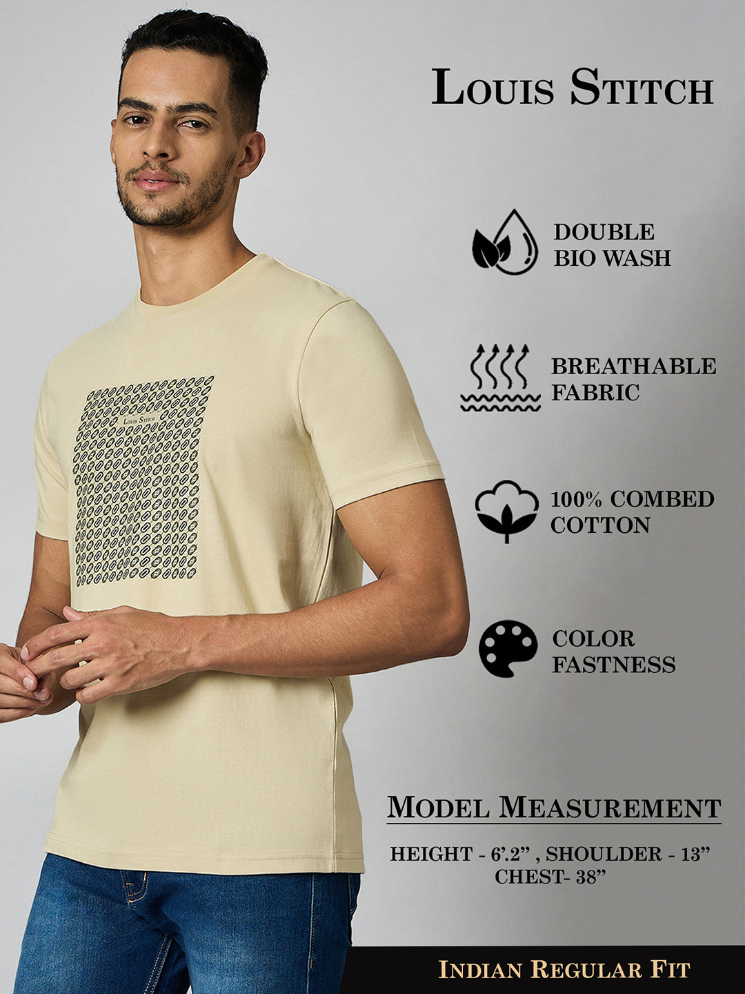 Men's Super Combed Cotton Cream Regular Fit Half Sleeve Round Neck T-Shirt