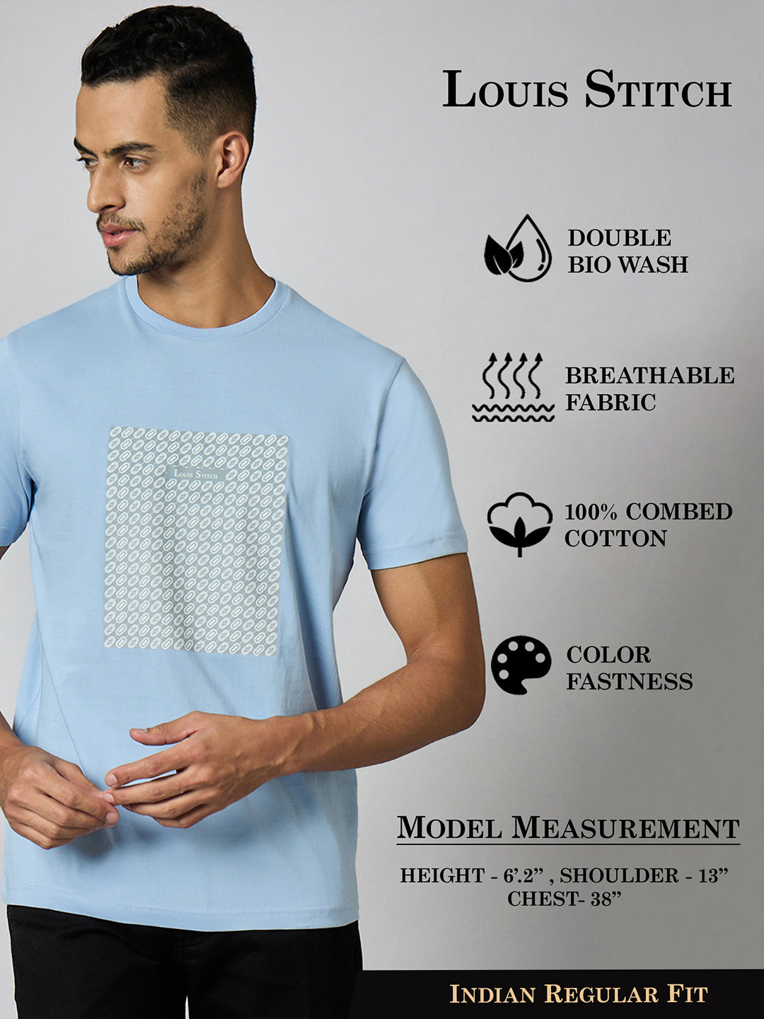 Men's Super Combed Cotton Light Blue Regular Fit Half Sleeve Round Neck T-Shirt