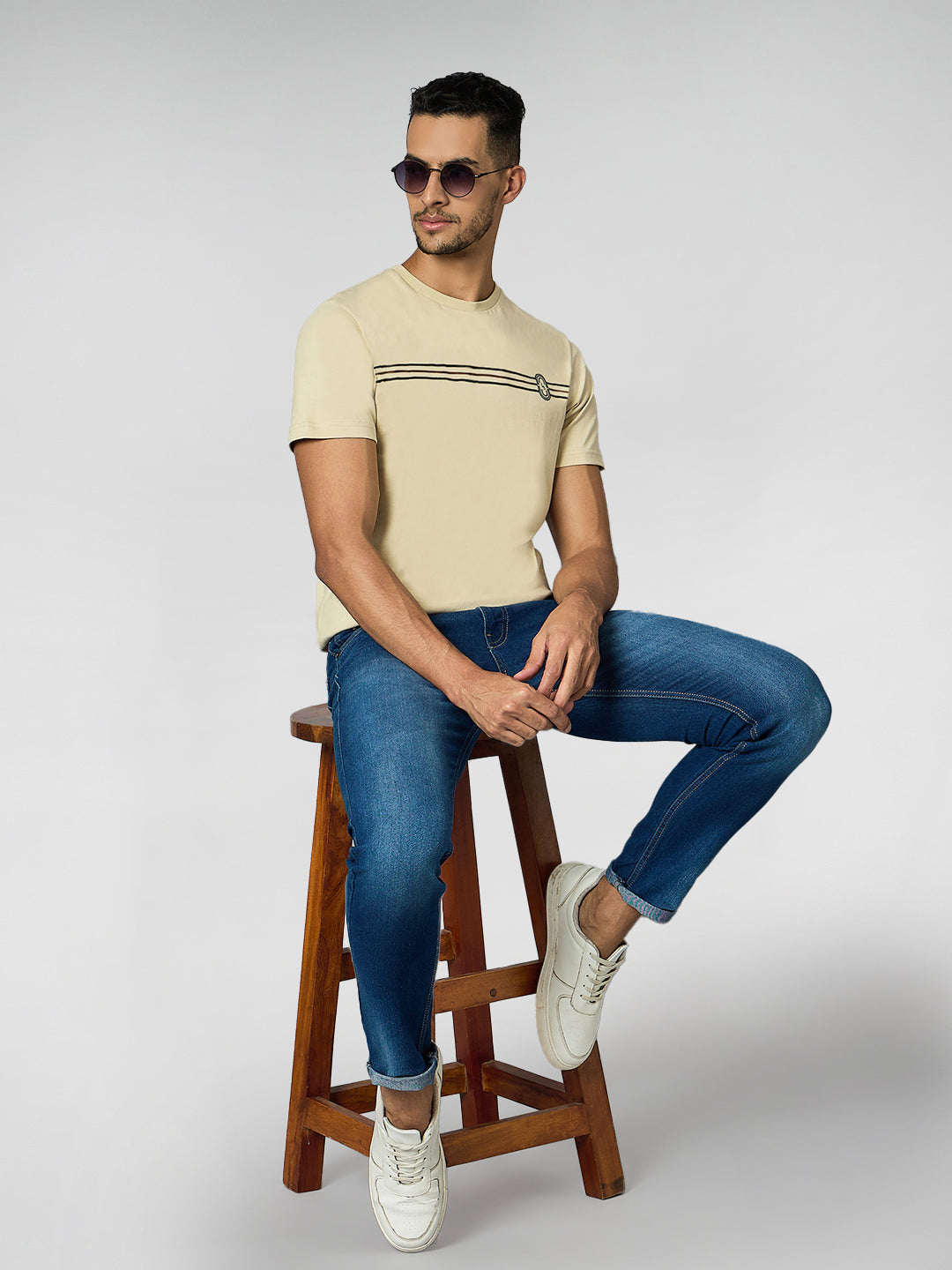 Men's Super Combed Cotton Cream Regular Fit Half Sleeve Round Neck T-Shirt