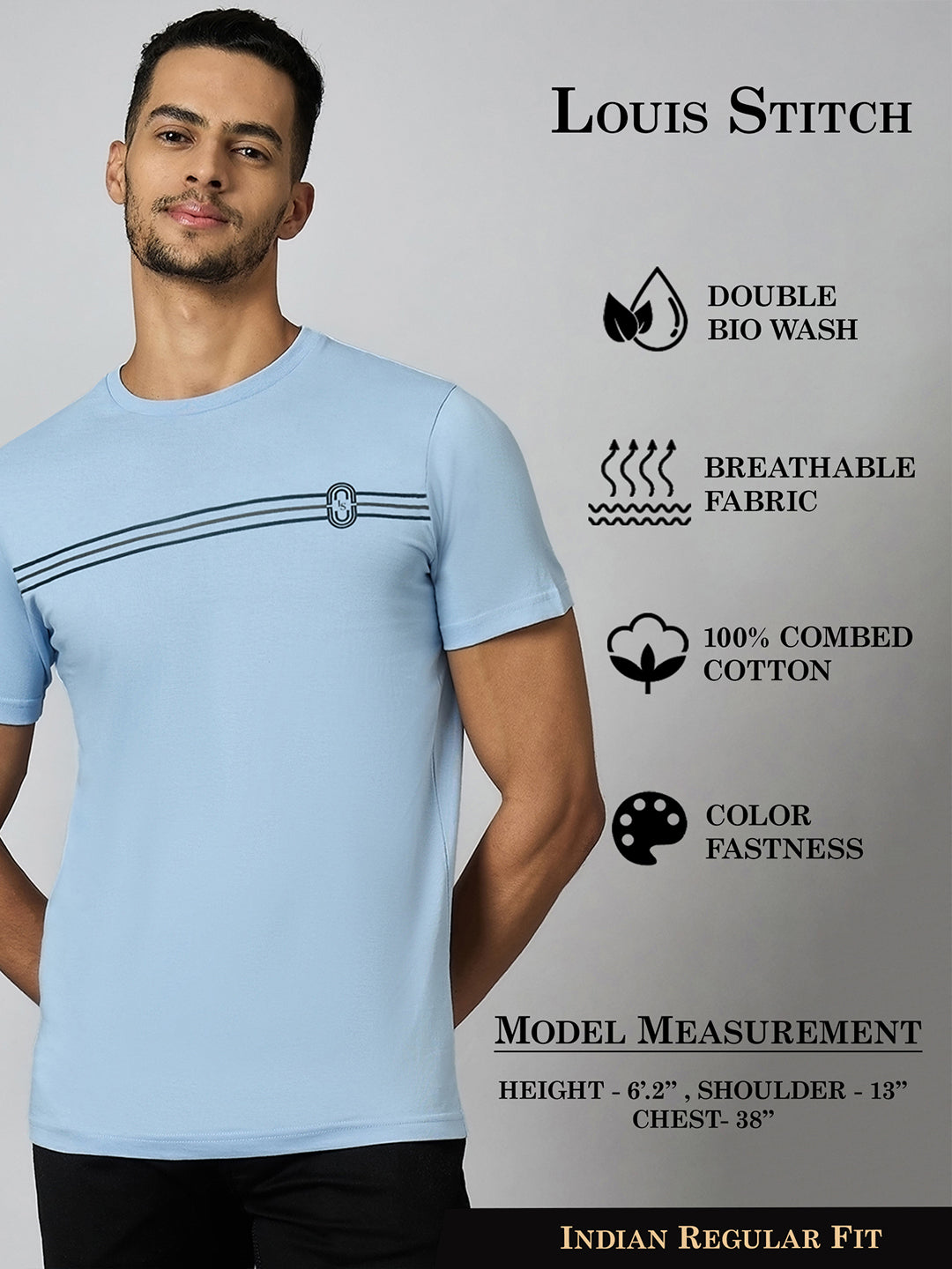 Men's Super Combed Cotton Light Blue Regular Fit Half Sleeve Round Neck T-Shirt