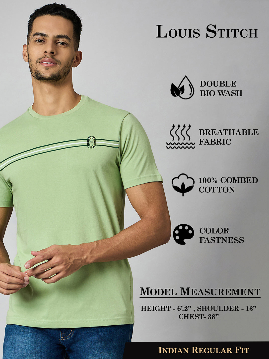 Men's Super Combed Cotton Pastel Green Regular Fit Half Sleeve Round Neck T-Shirt