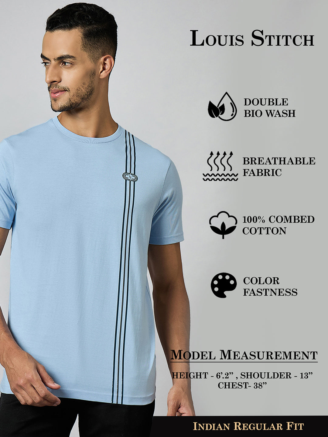 Men's Super Combed Cotton Light Blue Regular Fit Half Sleeve Round Neck T-Shirt