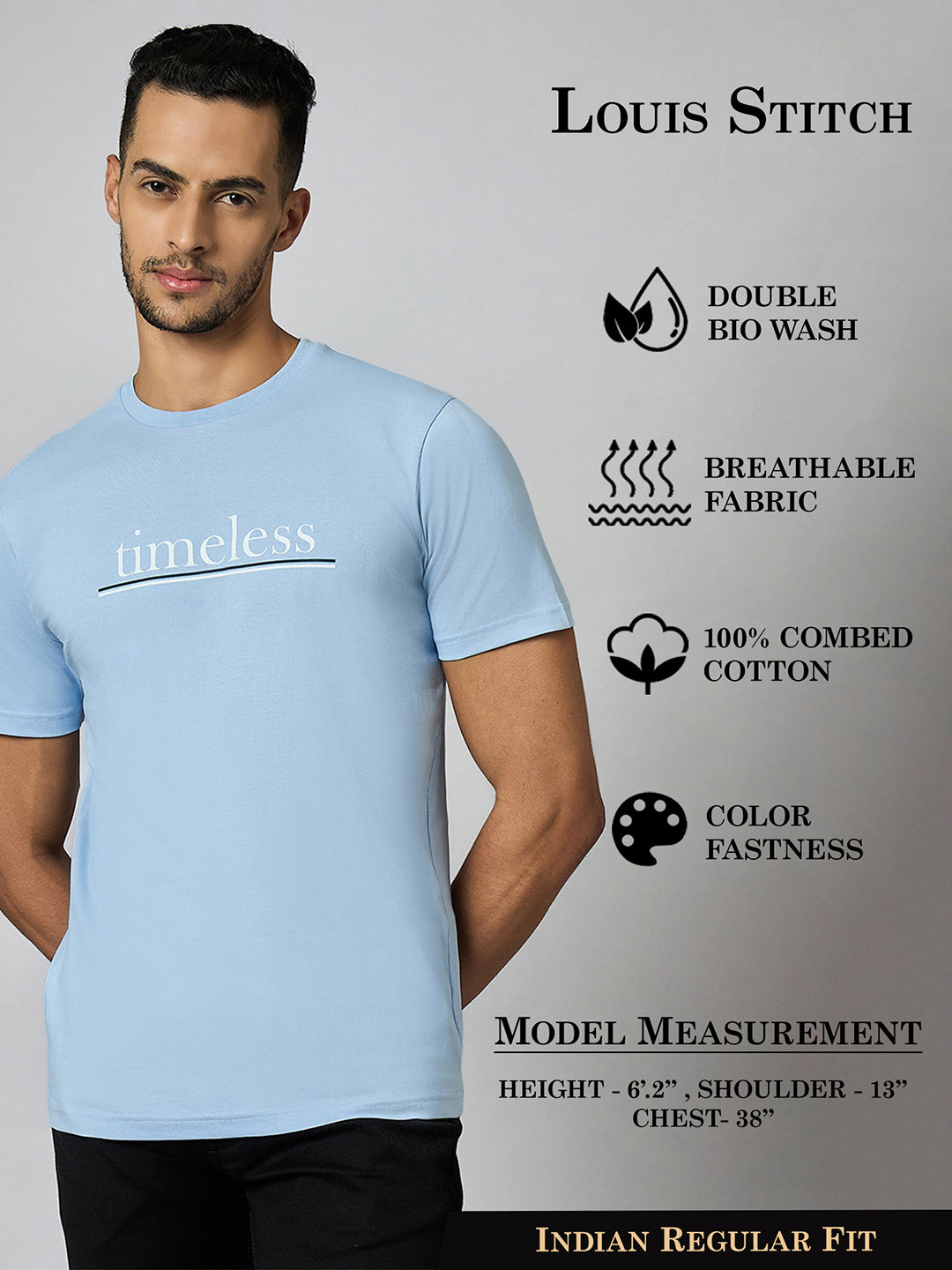 Men's Super Combed Cotton Light Blue Regular Fit Half Sleeve Round Neck T-Shirt