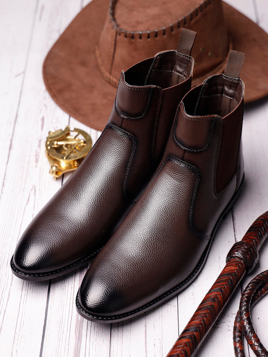 Brunette Brown Handcrafted Chelsea Milled Boots for Men