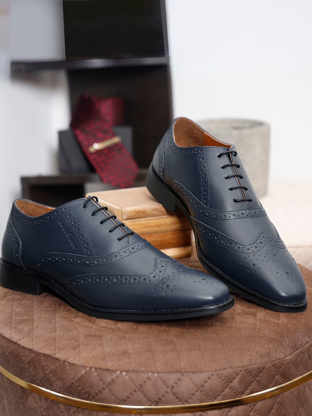 Italian Leather Wingtip Brogue Prussian Blue Shoes for Men