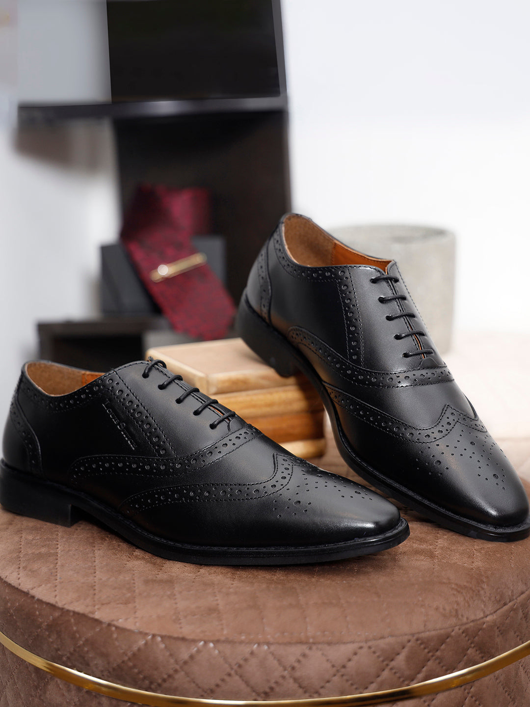 Italian Leather Wingtip Brogue Jet Black Shoes for Men