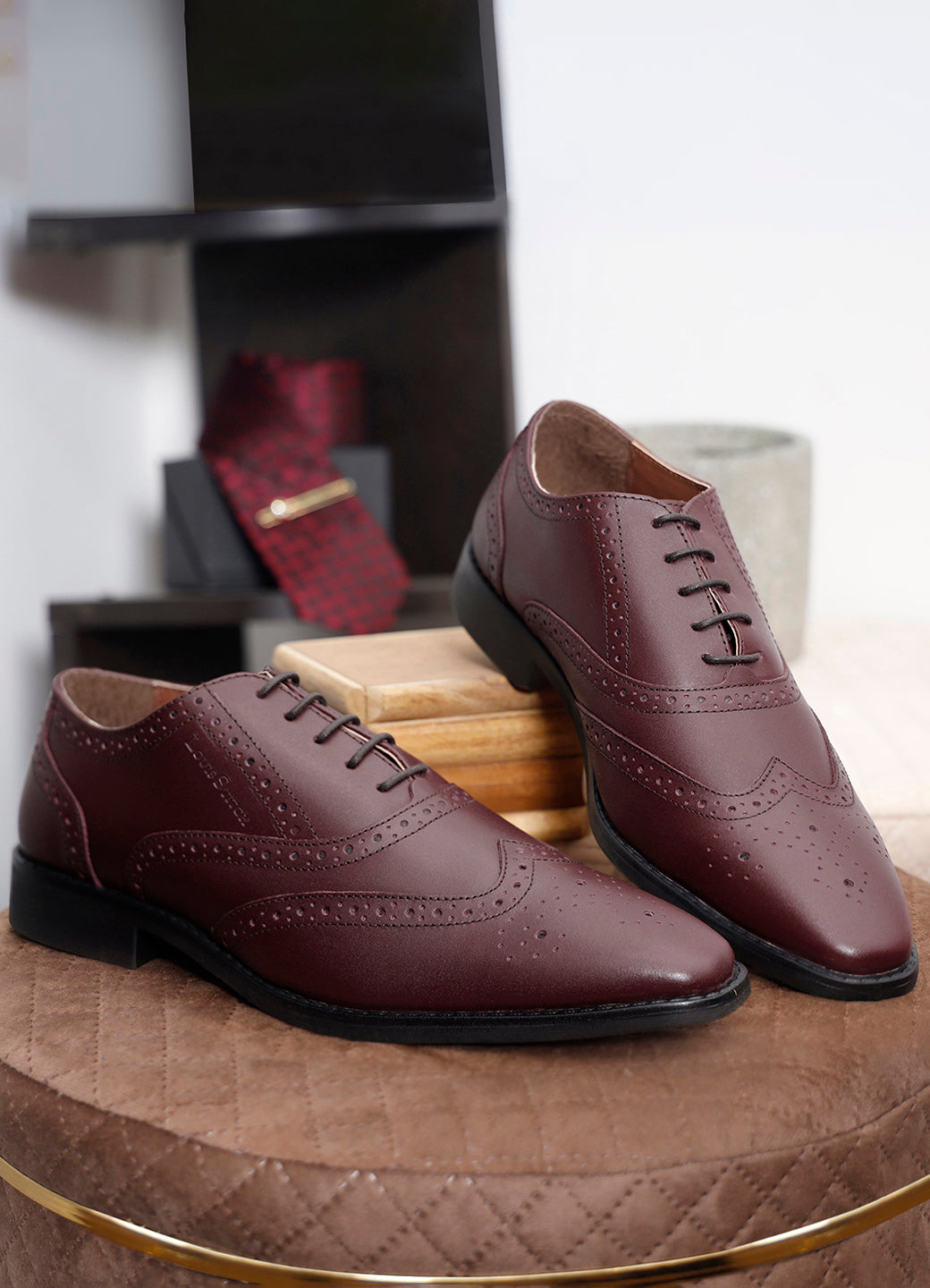 Italian Leather Wingtip Brogue Rosewood Shoes for Men