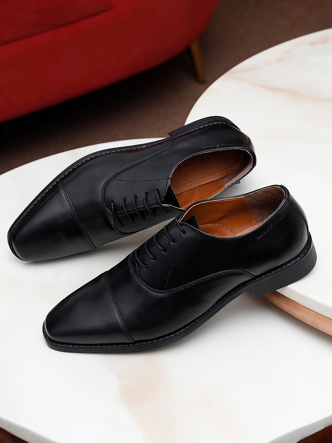 Italian Leather Cap-Toe Jet Black Shoes for Men