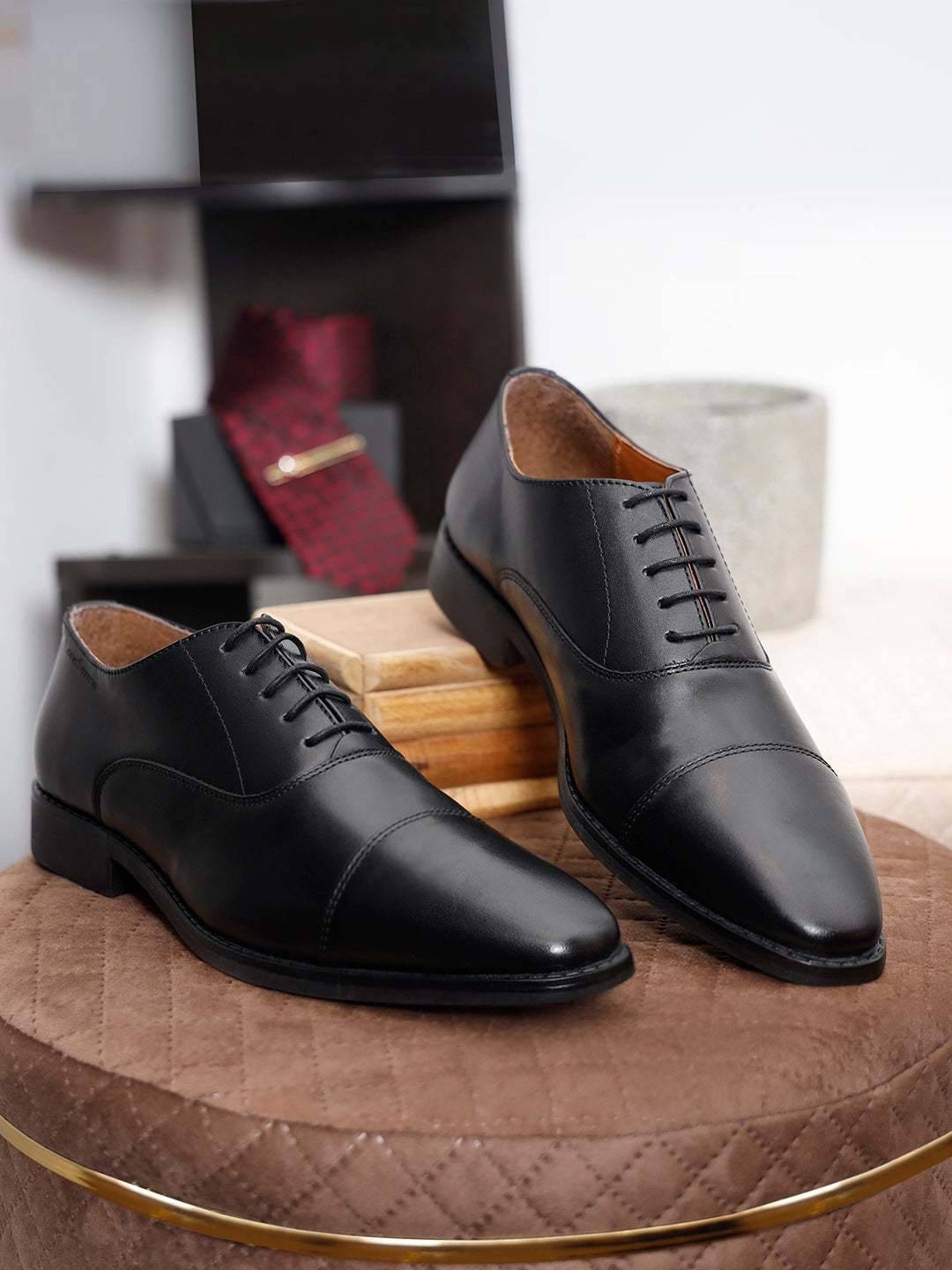 Italian Leather Cap-Toe Jet Black Shoes for Men