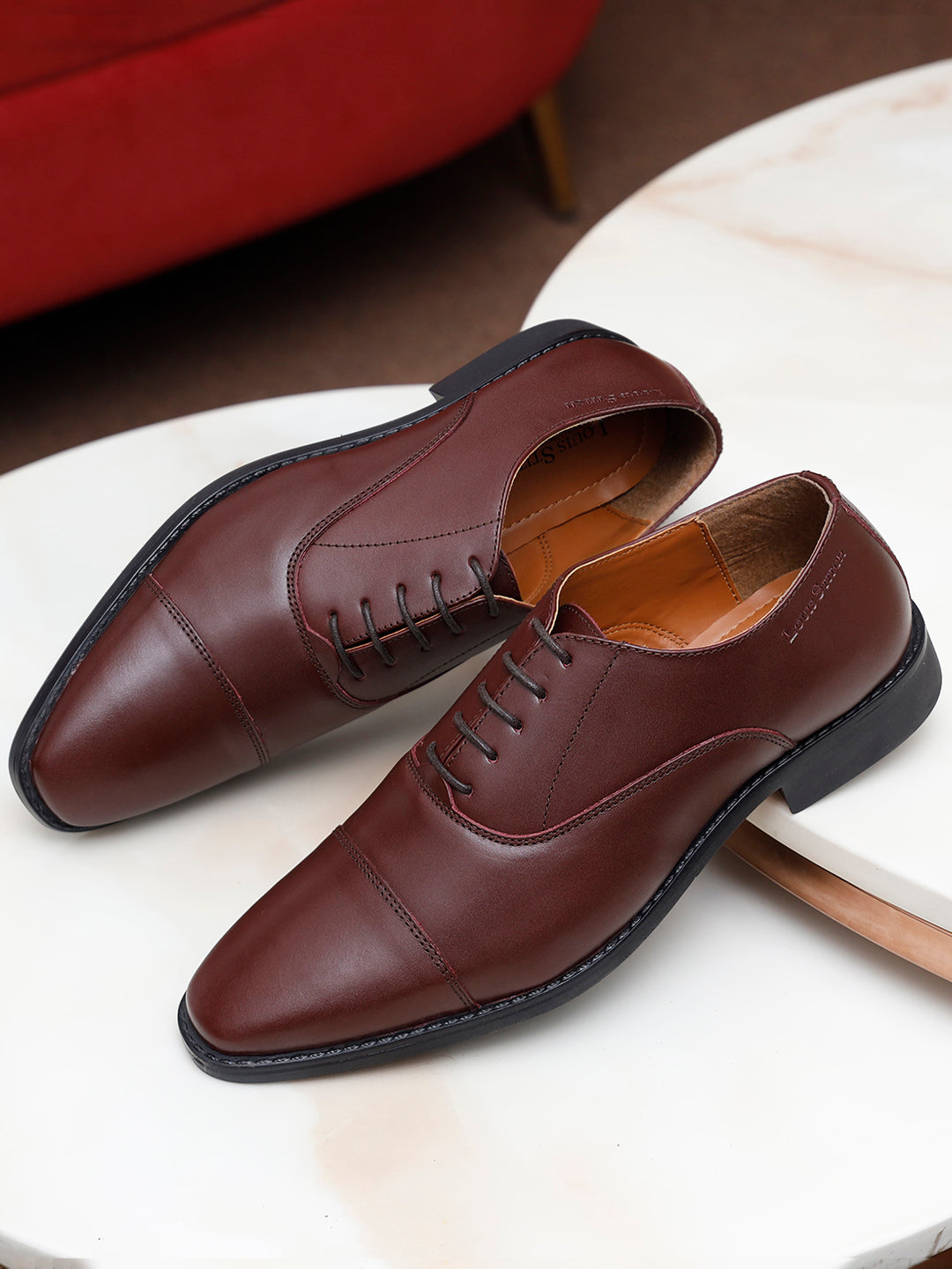 Italian Leather Cap-Toe Rosewood Shoes for Men