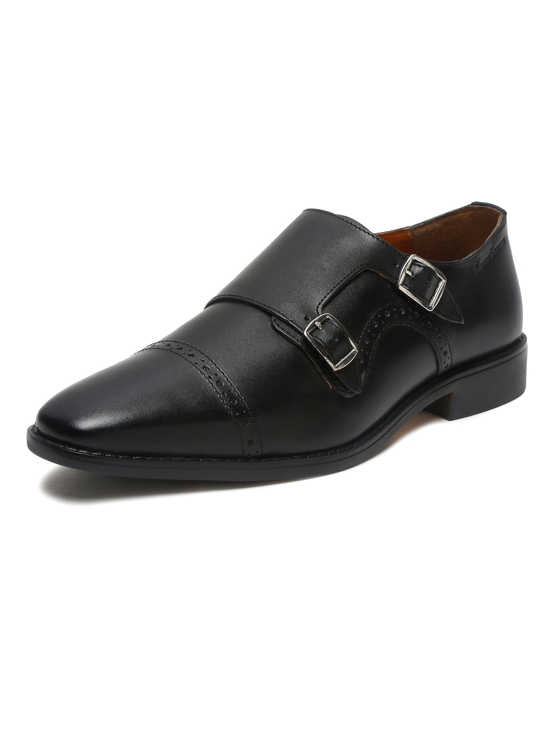 Italian Leather Double Monk Strap Jet Black Shoes for Men