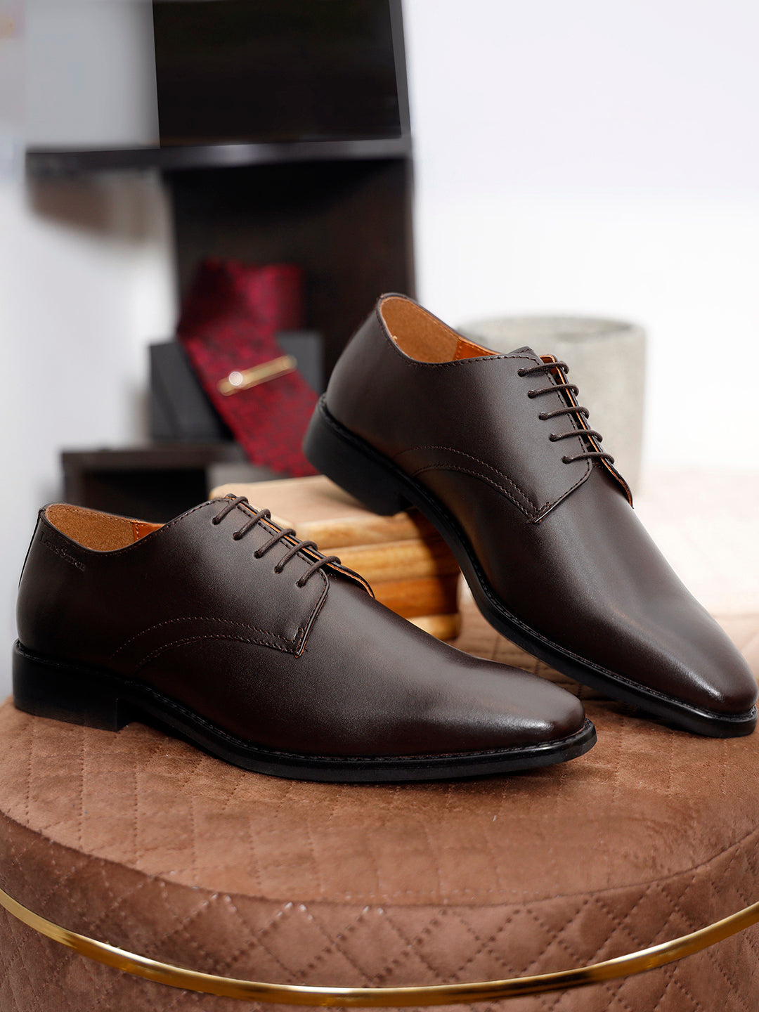 Italian Leather Derby Brunette Brown Shoes for Men