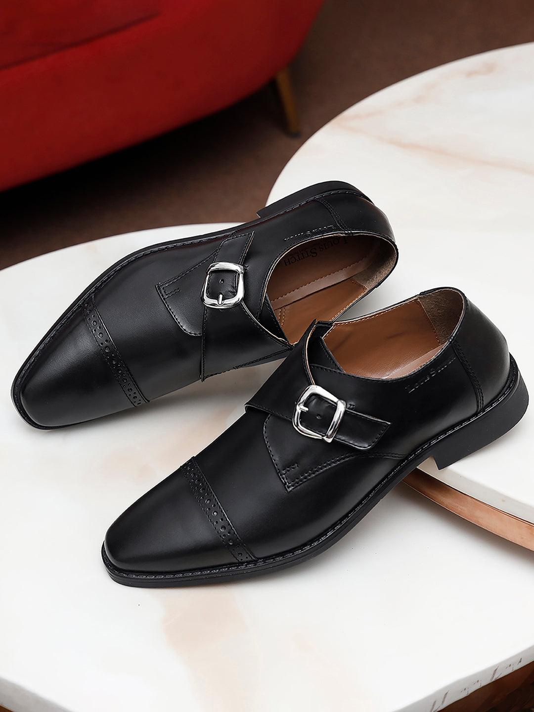 Italian Leather Single Monk Strap Jet Black Shoes for Men