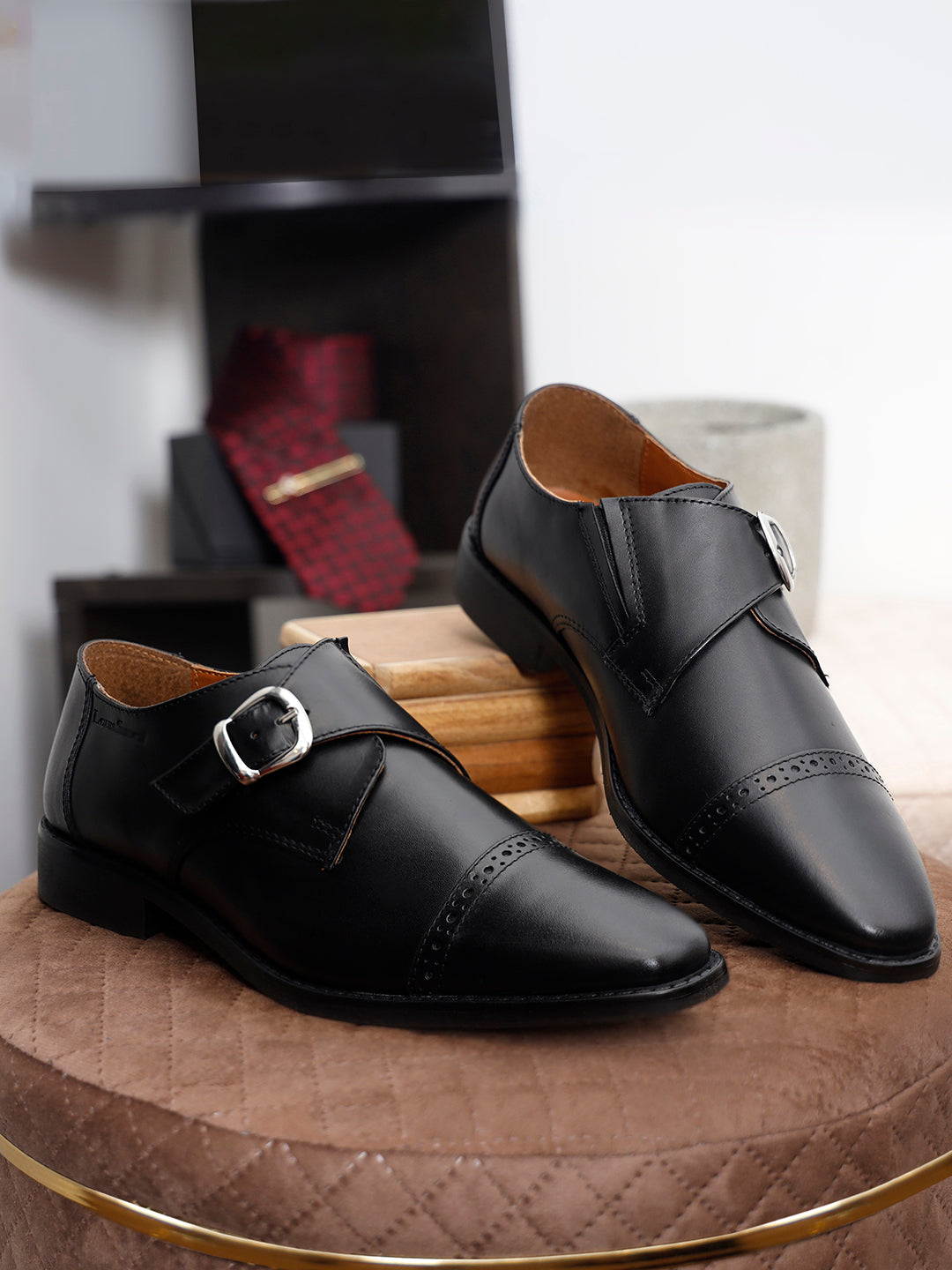 Italian Leather Single Monk Strap Jet Black Shoes for Men