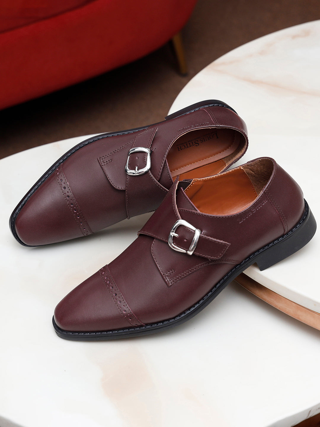 Italian Leather Single Monk Strap Rosewood Shoes for Men