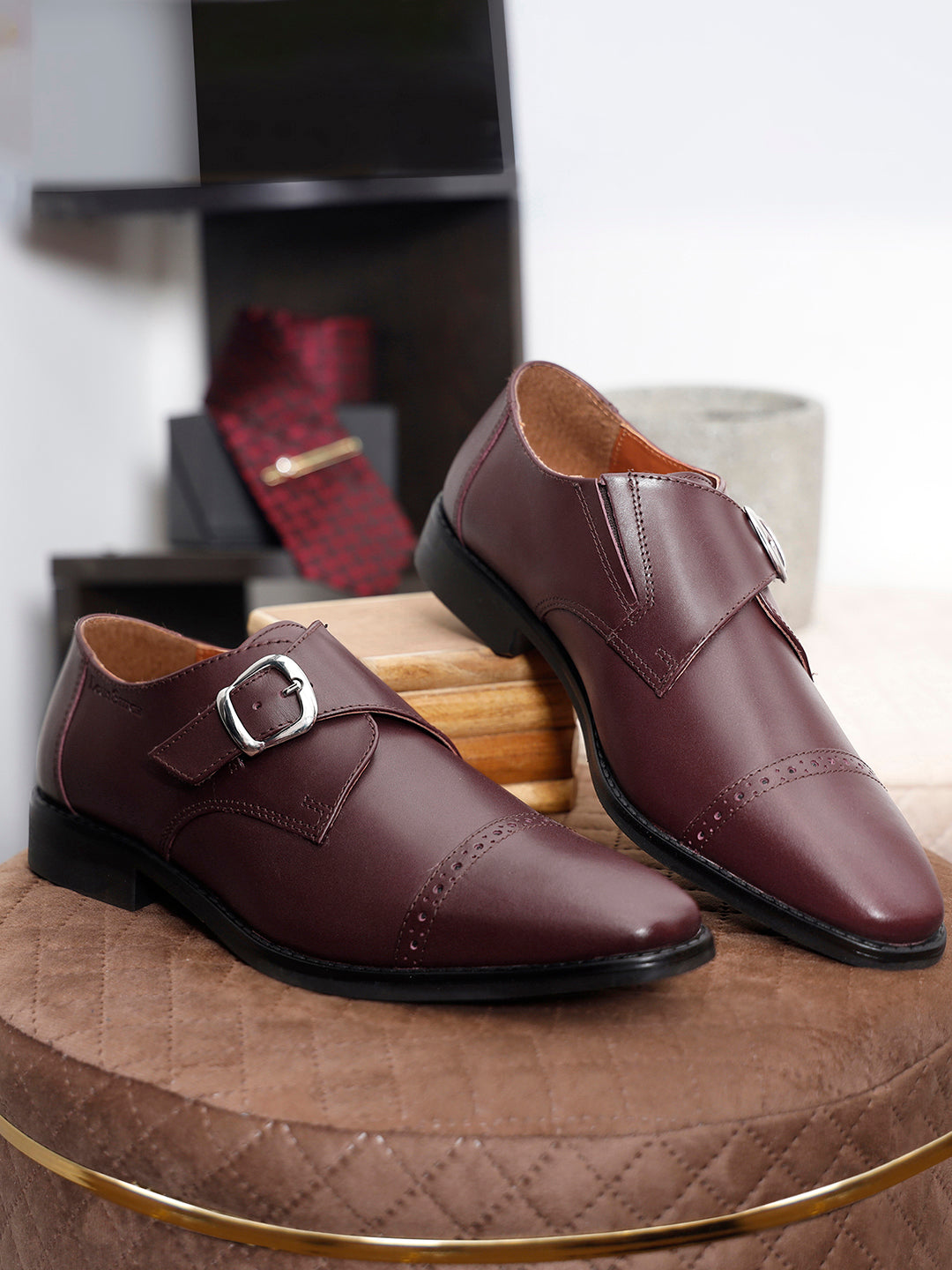 Italian Leather Single Monk Strap Rosewood Shoes for Men