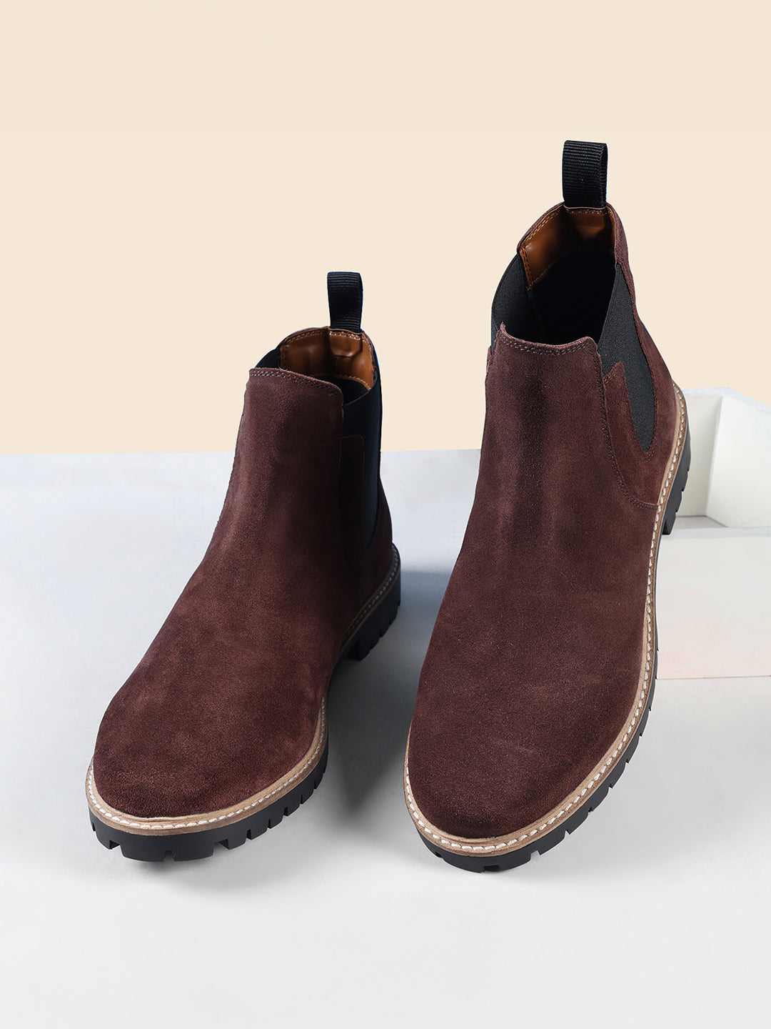 Brunette Brown High Ankle Suede Leather Chelsea Boots for Men