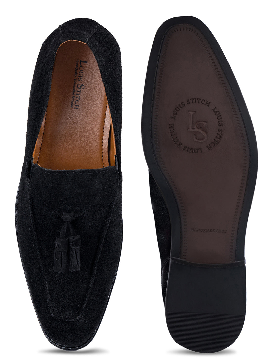 Jet Black Italian Suede Leather Tassel Moccasin Shoes