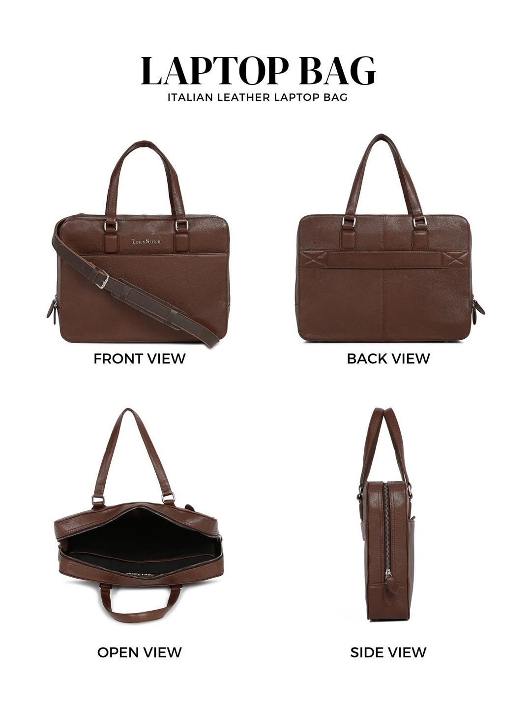 Men's Brown Italian Leather Laptop Bag Multifunctional Executive Briefcase with Shoulder Strap